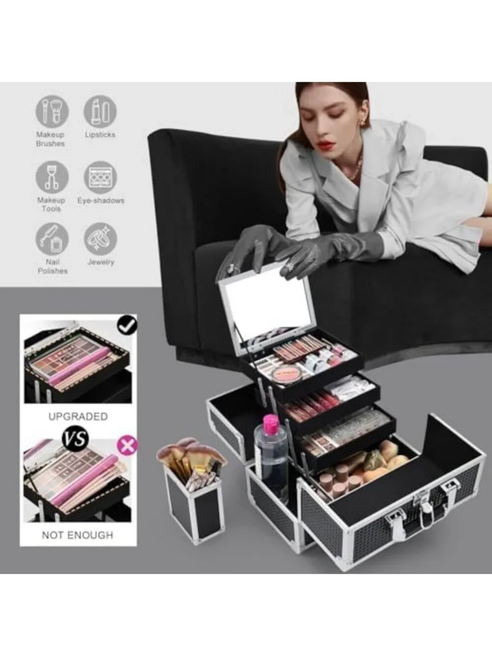 3-Tray Makeup Case with Mirror & Brush Holder - Stylish Black Organizer